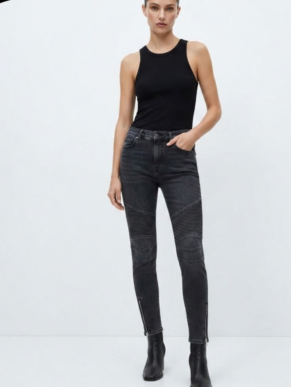 Zara Faded Black Moto Jeans Mid Rise Slim Fit Biker Pants Size 10 Ankle Zip